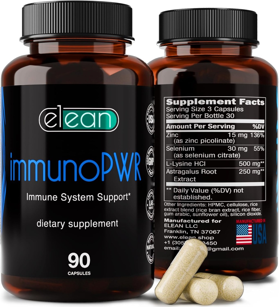 ELEAN Immuno PWR- enriched with Zinc, Selenium, Amino Acid Lysine and Astragalus Root Extract for Collagen Synthesis, Thyroid Health, Mineral Support, Energy and Immune Health 90 Veg Capsules.