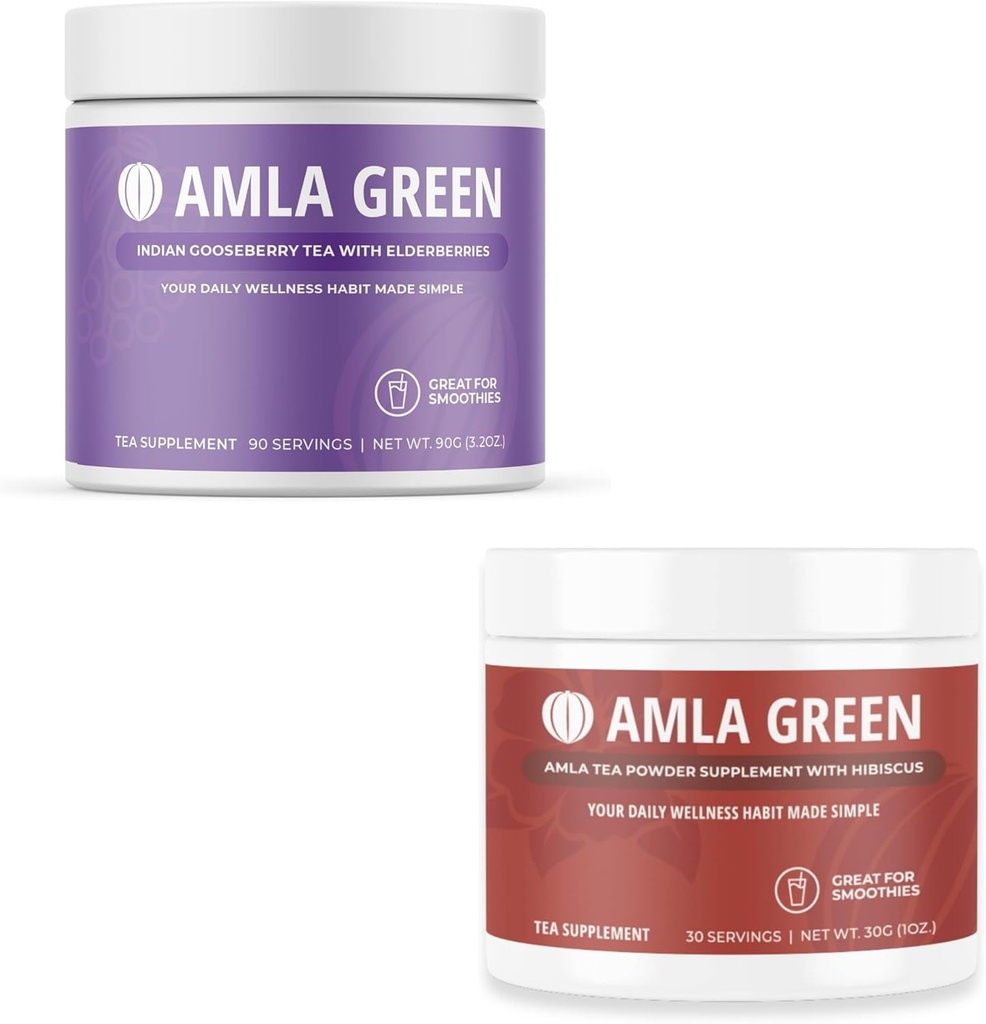 Amla Powder & Green Tea Superfood Supplement, Antioxidant Support, Made with Elderberries (90 Servings) & Hibiscus (30 Servings), Organic, Vegan