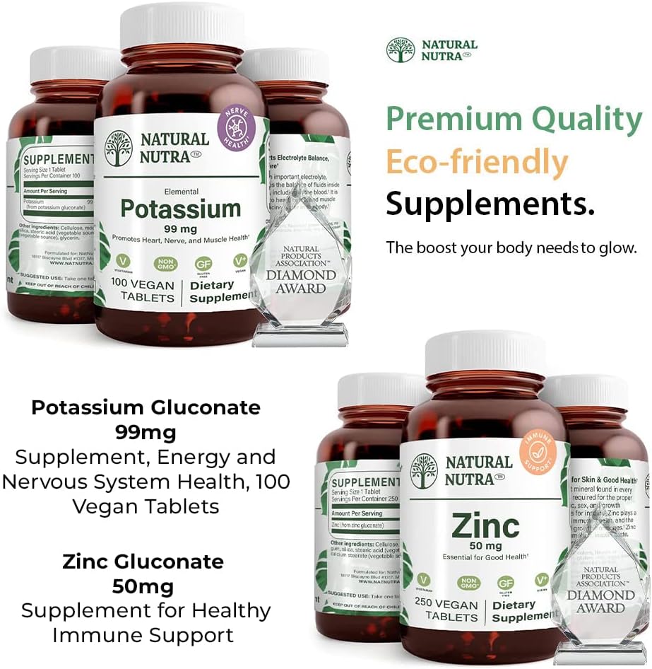 Natural Nutra Potassium Gluconate 99 mg and Zinc Gluconate 50 mg Supplements Helps to Maintain Immunity and Energy Level, Gluten Free, Essential for Good Health.