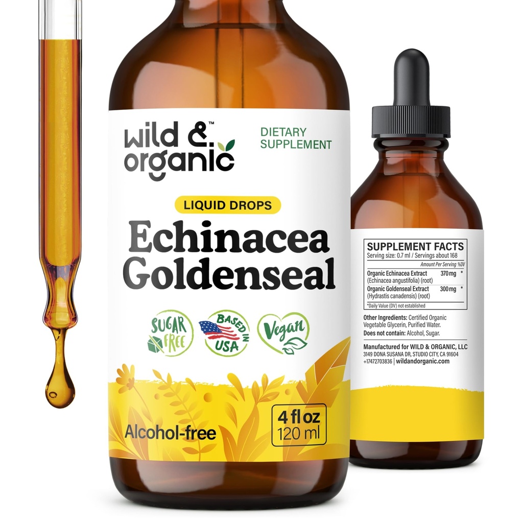 Wild & Organic Echinacea Goldenseal Tincture - Immune Support Drops with Echinacea and Goldenseal Root Extract - Vegan, Sugar & Alcohol-Free Liquid Supplement - 4 fl oz