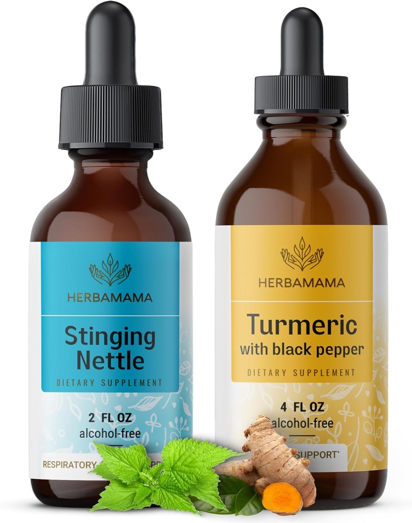 HERBAMAMA Herbal Liquid Drops Kit - Bundle of Stinging Nettle 2 fl oz & Turmeric Curcumin Tincture 4 fl oz - Vegan, Non-GMO, Sugar & Alcohol-Free - 2 Pack