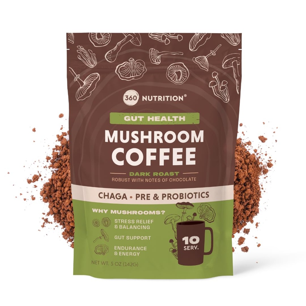 360 Nutrition Instant Mushroom Coffee with Chaga Superfood Mushroom and Prebiotics, Probiotics for Gut Health, and Focus Support | Dark Roast, No Added Sugar 5 oz (Gut Blend)