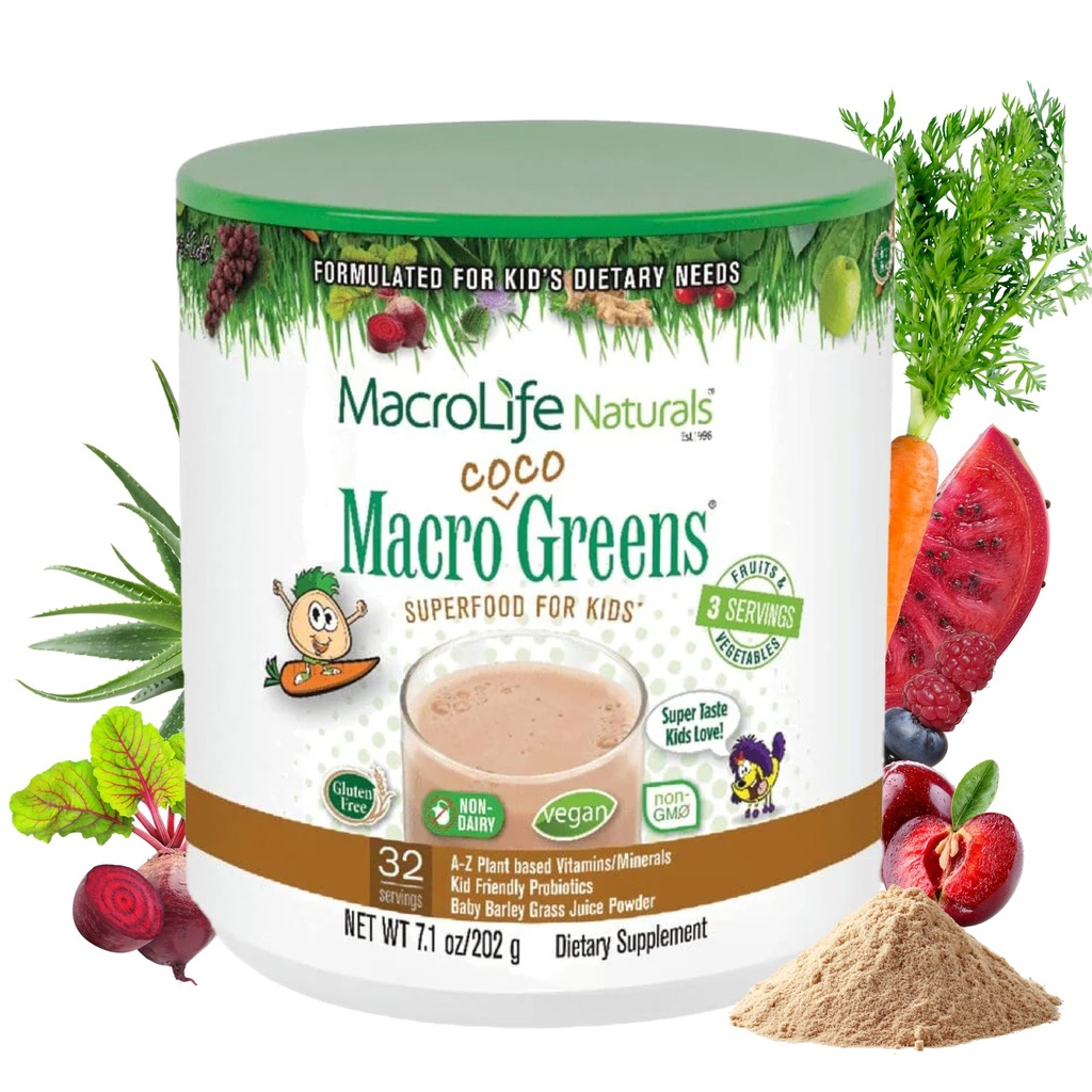 MacroLife Naturals MacroCoco Super Greens Drink, Chocolate Powder Superfood for Kids & Teens - Whole Food Fruit & Vegetable Multi-Vitamins Probiotics Digestive Enzymes & Fiber Supplement - 32 Servings