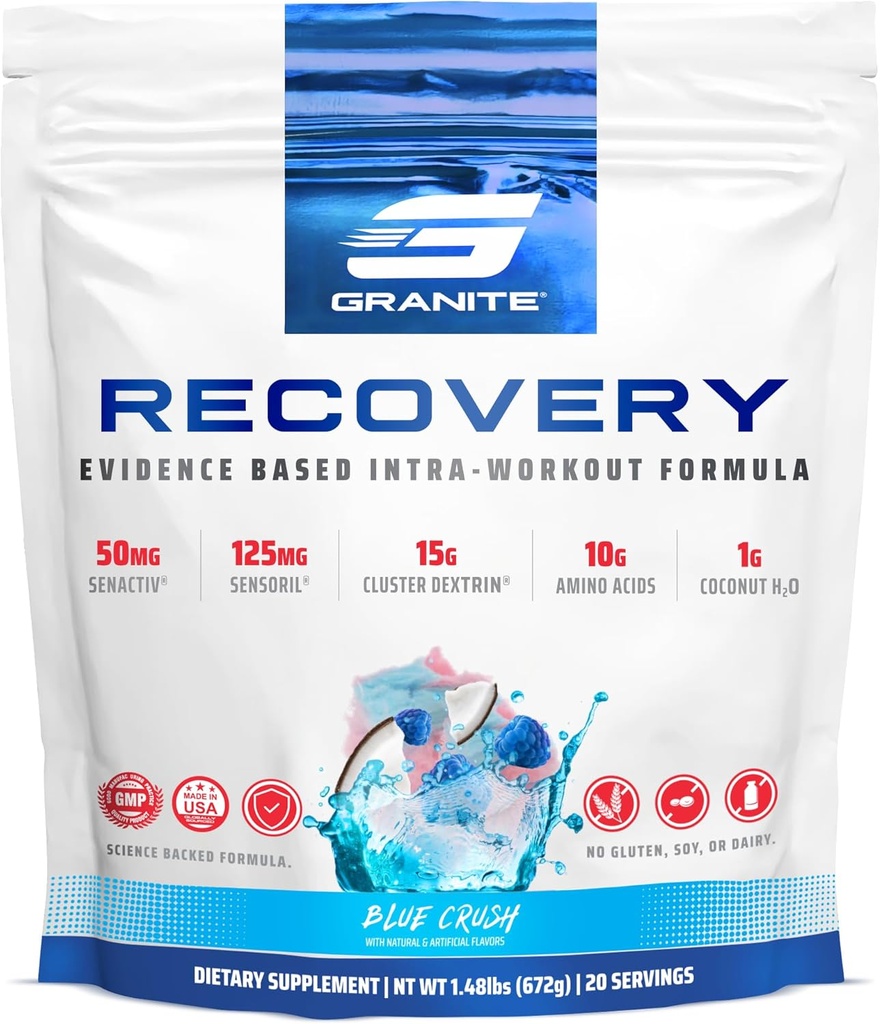Granite Recovery Intra and Post-Workout Supplement, Blue Crush Flavor, with 10g Aminos, Electrolytes, Cluster Dextrin, & Sensoril, Supports Muscle Recovery & Growth (20 Servings)