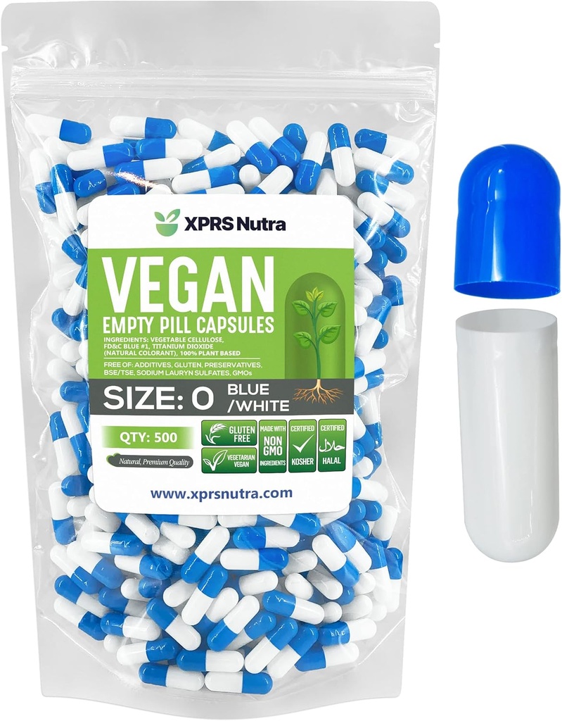 XPRS Nutra Size 0 Empty Capsules - 500 Count Empty Vegan Capsules - Vegetarian Pills - DIY Vegetable Capsule Filling - Veggie Pill Caps for Do-It-Yourself Supplements (Blue/White)