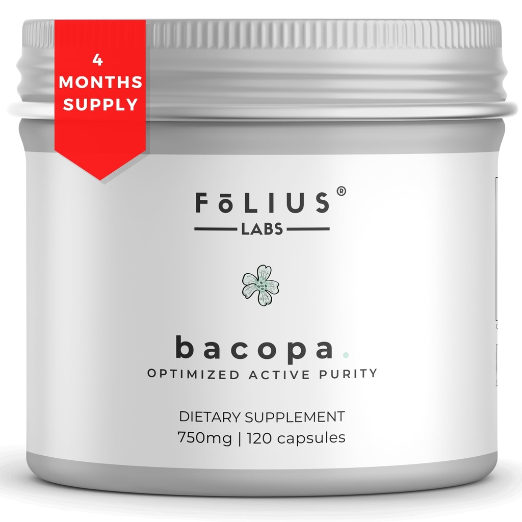 FOLIUS LABS Bacopa Monnieri Capsules 750mg – Herbal Supplement with 40% Bacosides Bacopa Monnieri - Helps to Support Memory and Cognitive Ability – 120 Capsules