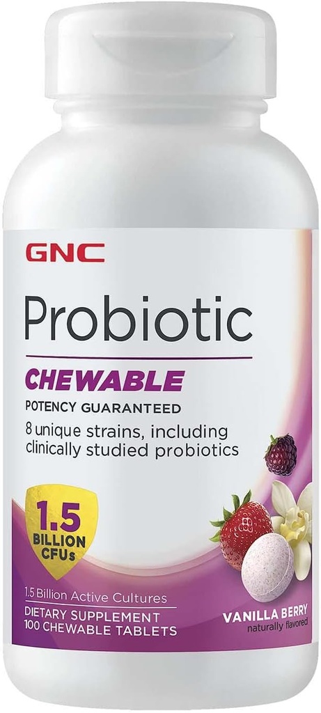 GNC Probiotic Chewable with 1.5 Billion CFUs - Vanilla Berry, 100 Tablets, Daily Probiotic Support