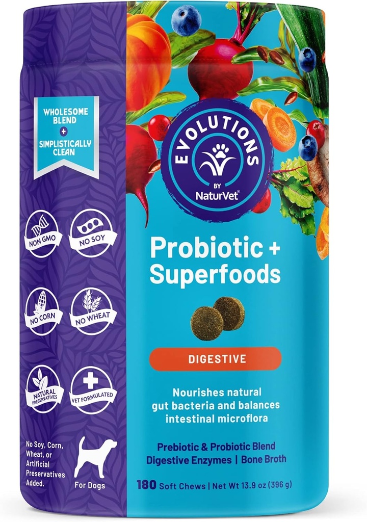 NaturVet Evolutions Probiotic & Superfoods 90ct Soft Chews for Dogs - Prebiotic & Probiotic Blend, Digestive Enzymes, Bone Broth, Omega's - Nourishes Natural Gut Bacteria and Intestinal Microflora