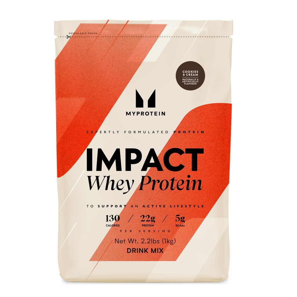 Myprotein Impact Whey Protein Powder, 2.2 Lbs (32 Servings) Cookies & Cream, 22g Protein & 5g BCAA Per Serving, Protein Shake for Superior Performance, Muscle Strength & Recovery, Gluten Free