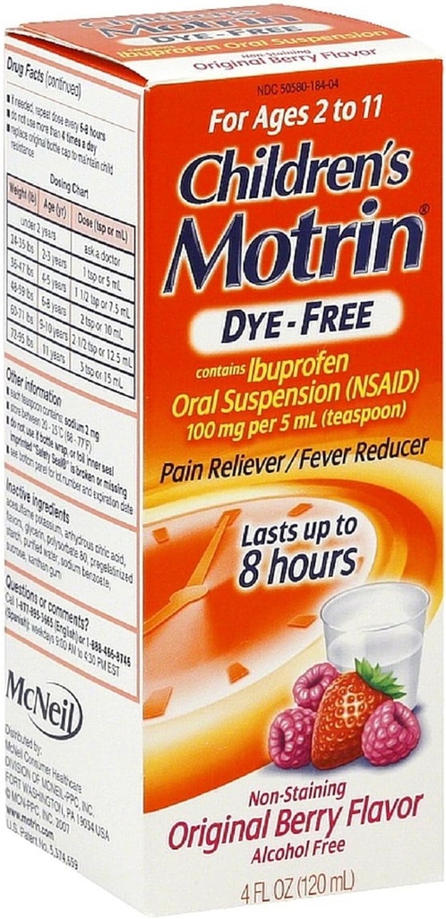 Motrin Children's Dye-Free Pain Reliever/Fever Reducer, Original Berry Flavor 4 Oz (3 Pack)
