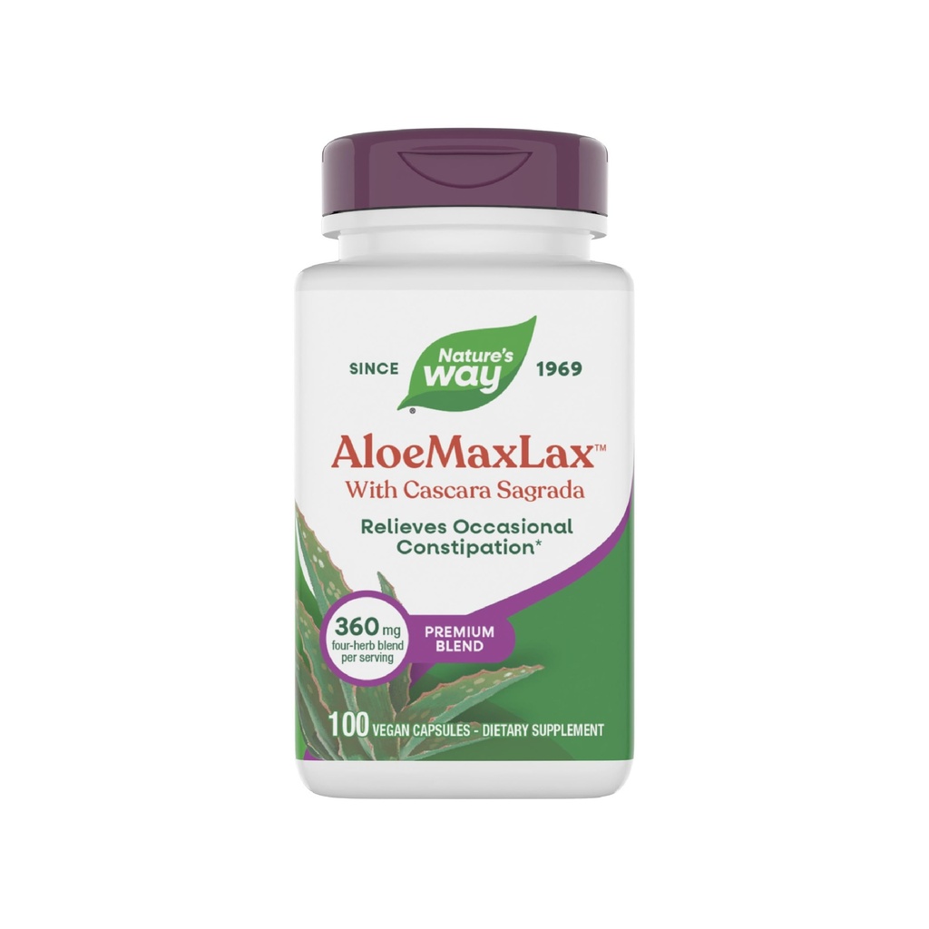 Nature's Way AloeMaxLax, Premium Blend, Relieves Occasional Constipation*, with Cascara Sagrada, 360 mg per Serving, Vegan, 100 Capsules (Packaging May Vary)