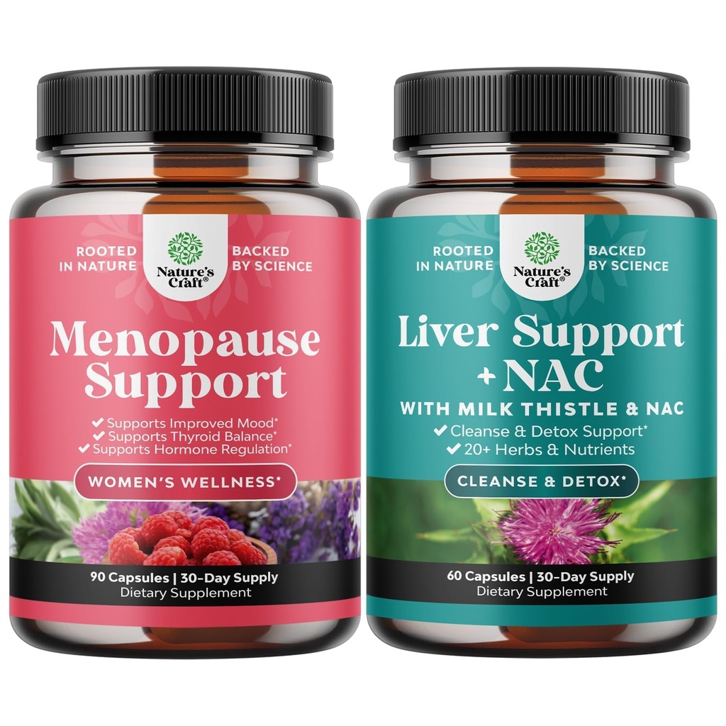 Bundle of Menopause Supplement for Women with Dong Quai, Vitex Chaste Berry & Black Cohosh and Liver Support NAC Supplement with Milk Thistle, Artichoke, Choline & Beetroot for Detox & Repair