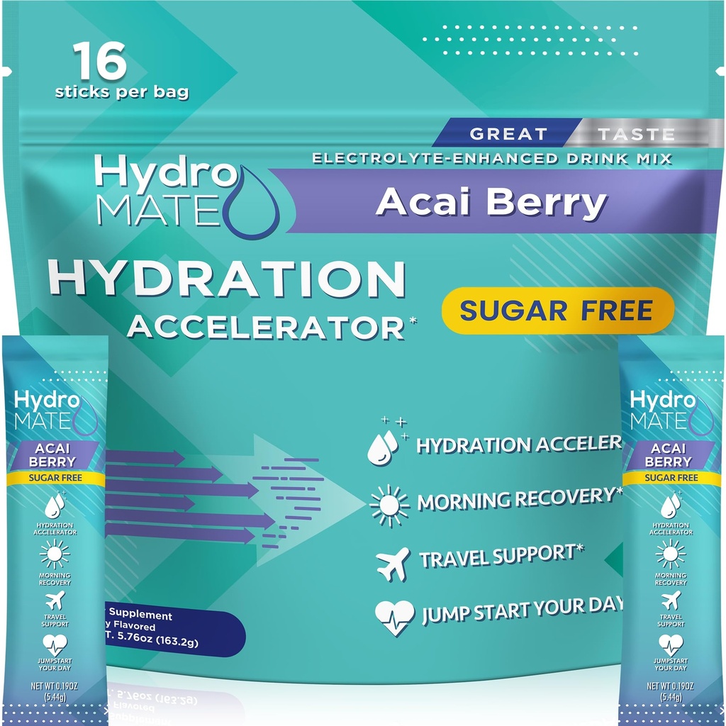 Electrolyte Powder Sugar-Free Hydration Packets Acai Berry HydroMATE 16 Sticks