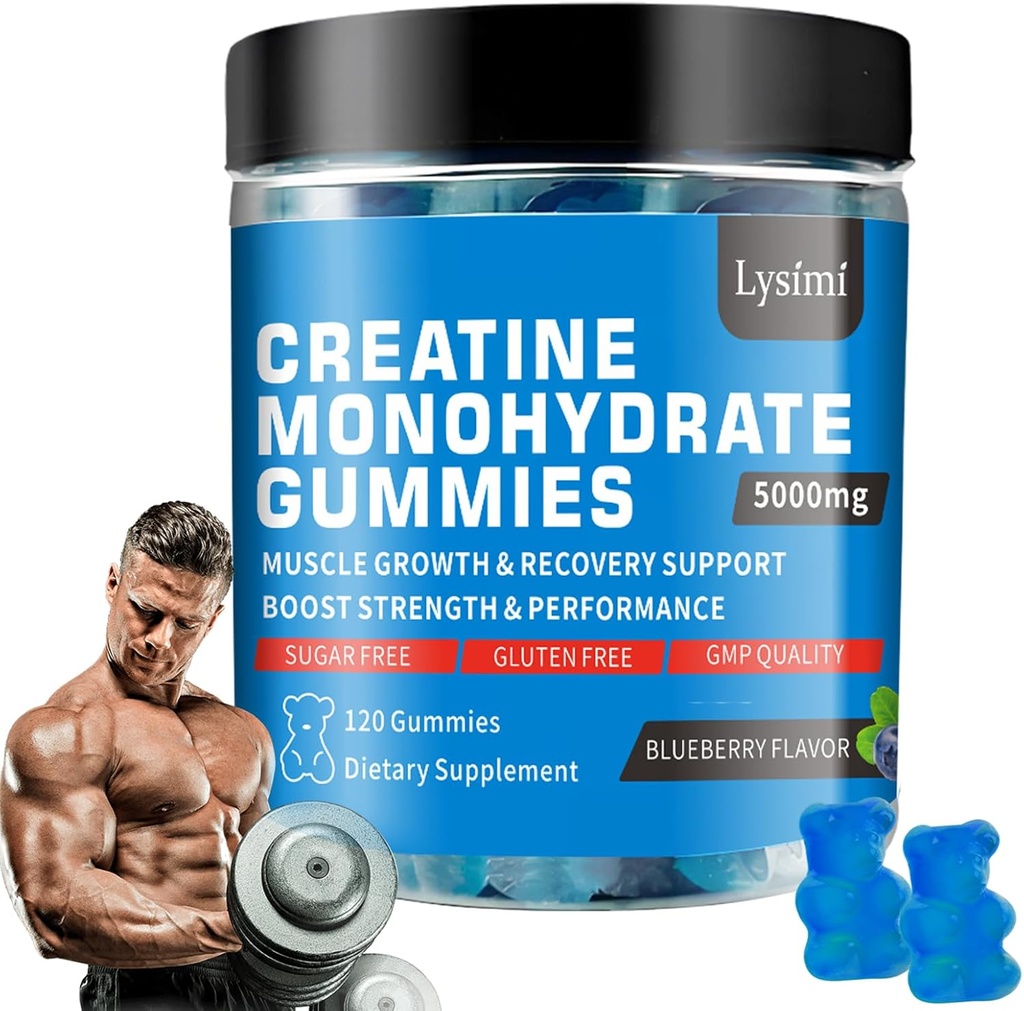 Creatine Monohydrate Gummies - 5g of Creatine Monohydrate per Serving- Increase Strength and Build Muscle, Sugar Free, Vegan, Blueberry Flavor, Each bottle/120 Capsules, for Men & Women (1)