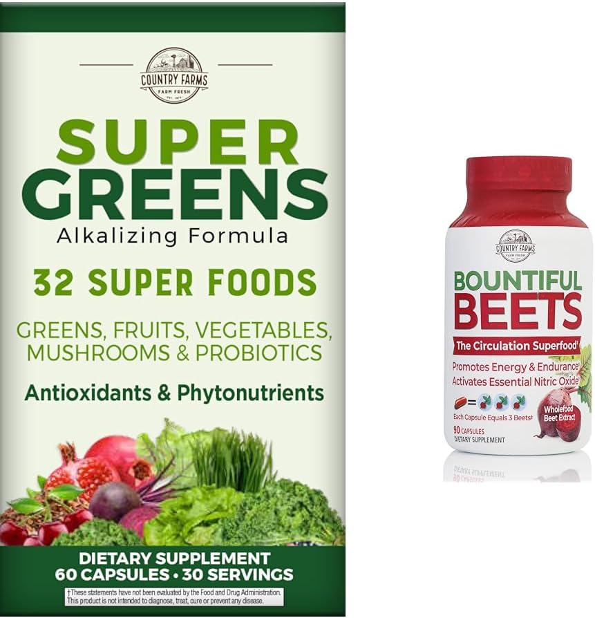 COUNTRY FARMS Super Greens Fruit Vegetable Probiotics Antioxidants Phytonutrients Beet Root Nitric Oxide Circulation Immune Support Capsules