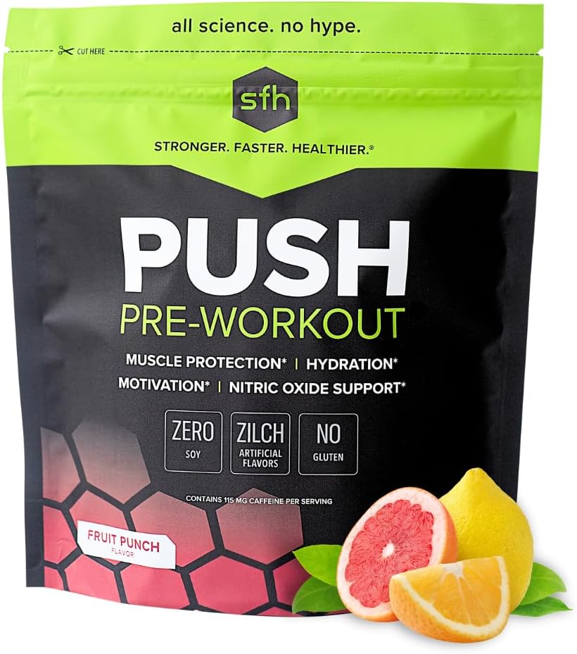 SFH Push Pre-Workout Powder (Fruit Punch) BCAAs for Muscle Repair | Electrolytes | Non-Dairy, No Artificial Flavors, Colors, Sugar, Soy, Gluten, or GMOs (Bag)