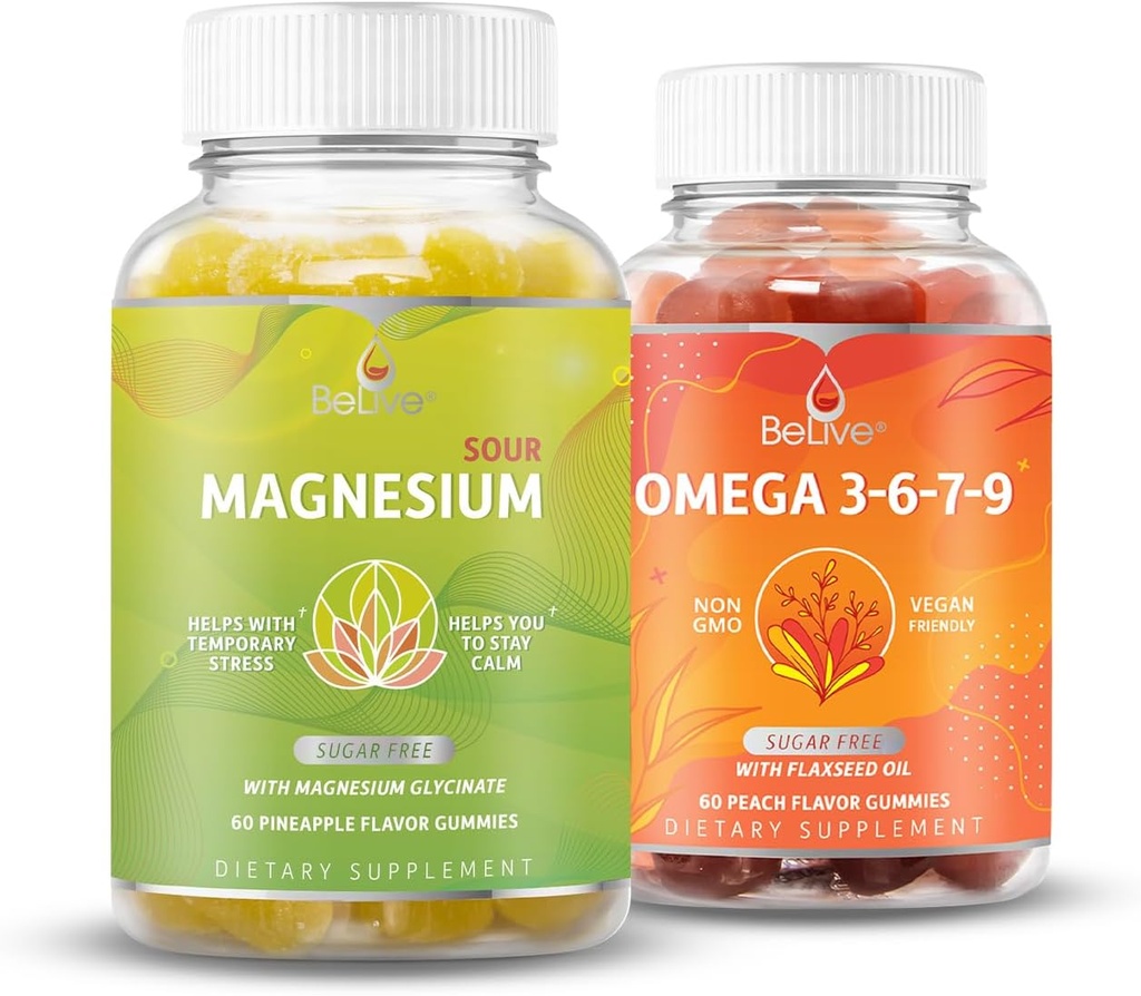 BeLive Magnesium GLycinate & Omega 3-6-7-9 Bundle for Relaxation, Sleep, Brain, Heart & Inmune System Support