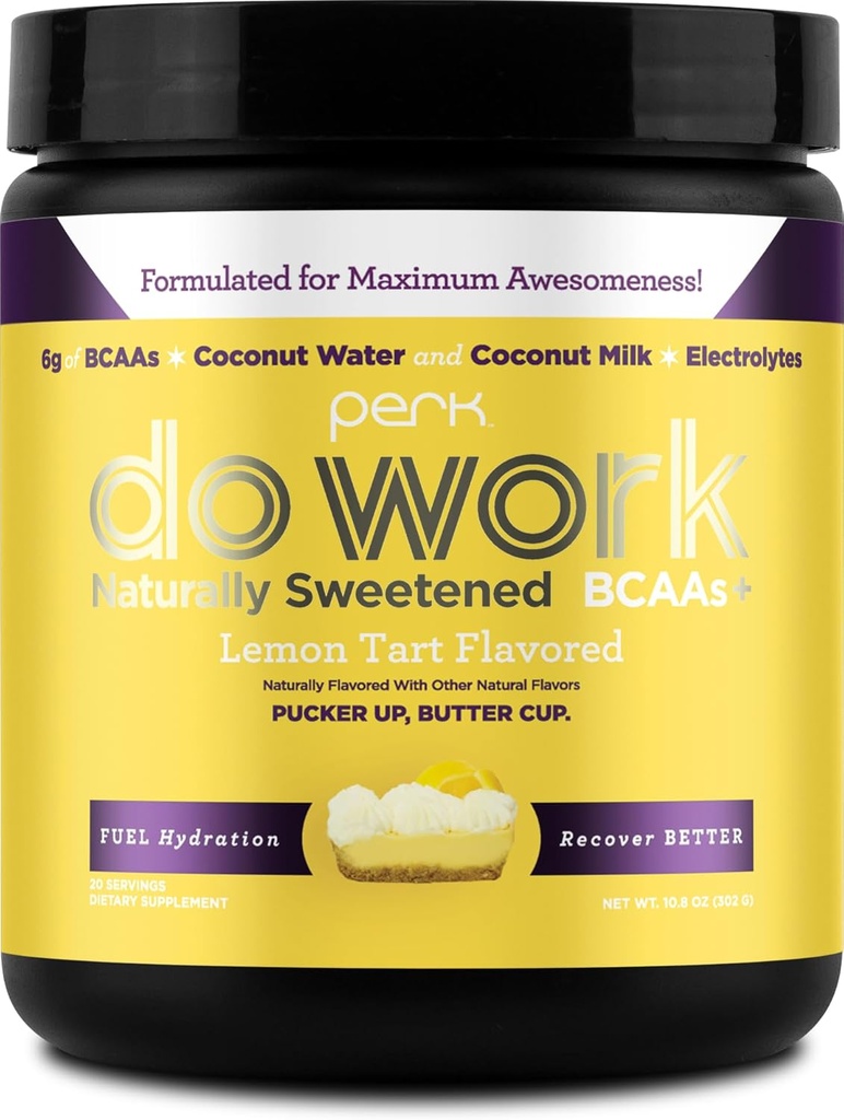 Perk Do Work BCAAs + Hydration Electrolytes Powder (Naturally Sweetened Lemon Tart Flavored, 20 Servings) - with Coconut Water & Coconut Milk