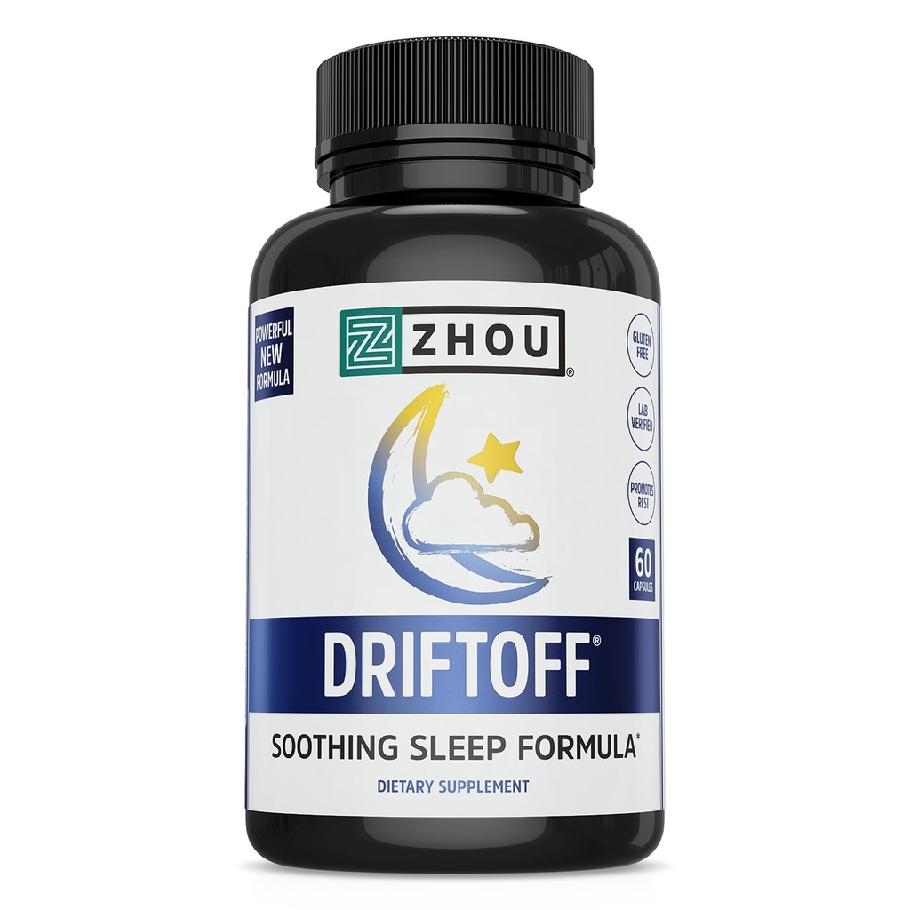 Zhou Driftoff - Nature Inspired Sleep Aid, Valerian Root & Melatonin for Sleep for Men & Women, Calm Sleeping Supplement for Adults with Gaba & Chamomile to Relax - 60 Veggie Capsules