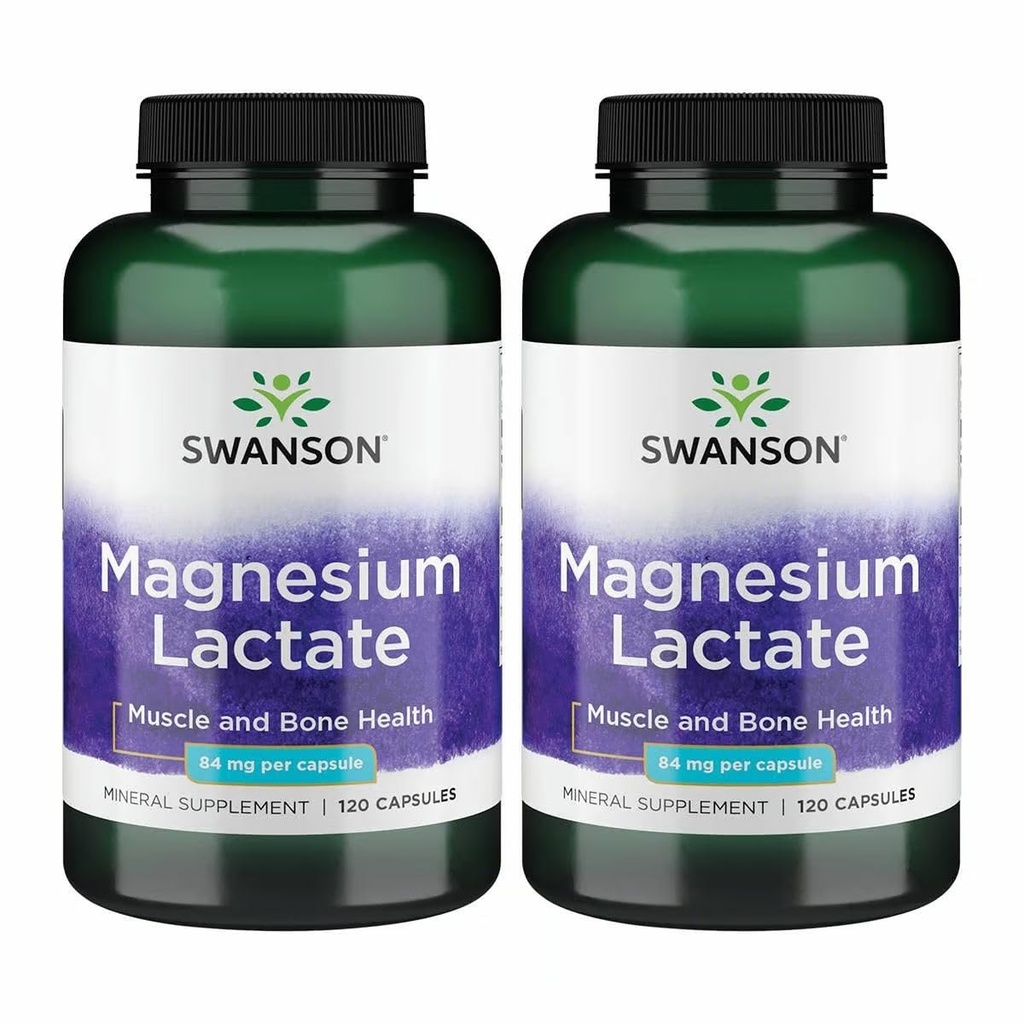 Swanson Magnesium Lactate Lactose-Free, 84 mg, 120 Capsules, 2 Pack | Lactose-Free Mineral Supplement for Muscle and Bone Health Support, Gentle on the Stomach, Non-GMO and Gluten-Free