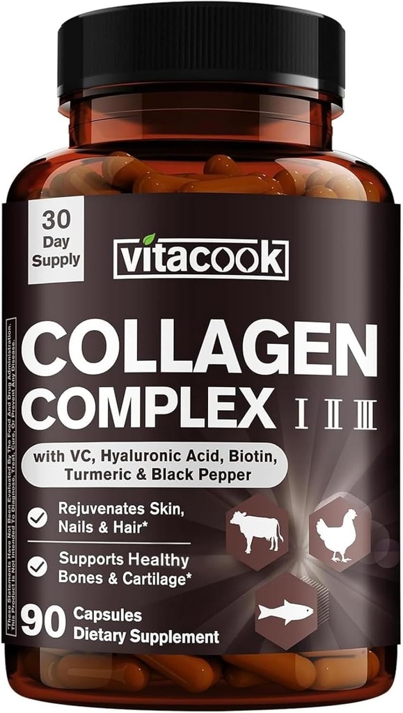 Collagen Peptides Complex, Type I, II, III, 2025 MG, Hydrolyzed Multi Collagen, VC, Biotin, HA, Turmeric & Black Pepper, for Skin, Hair, Nails, 90 Caps