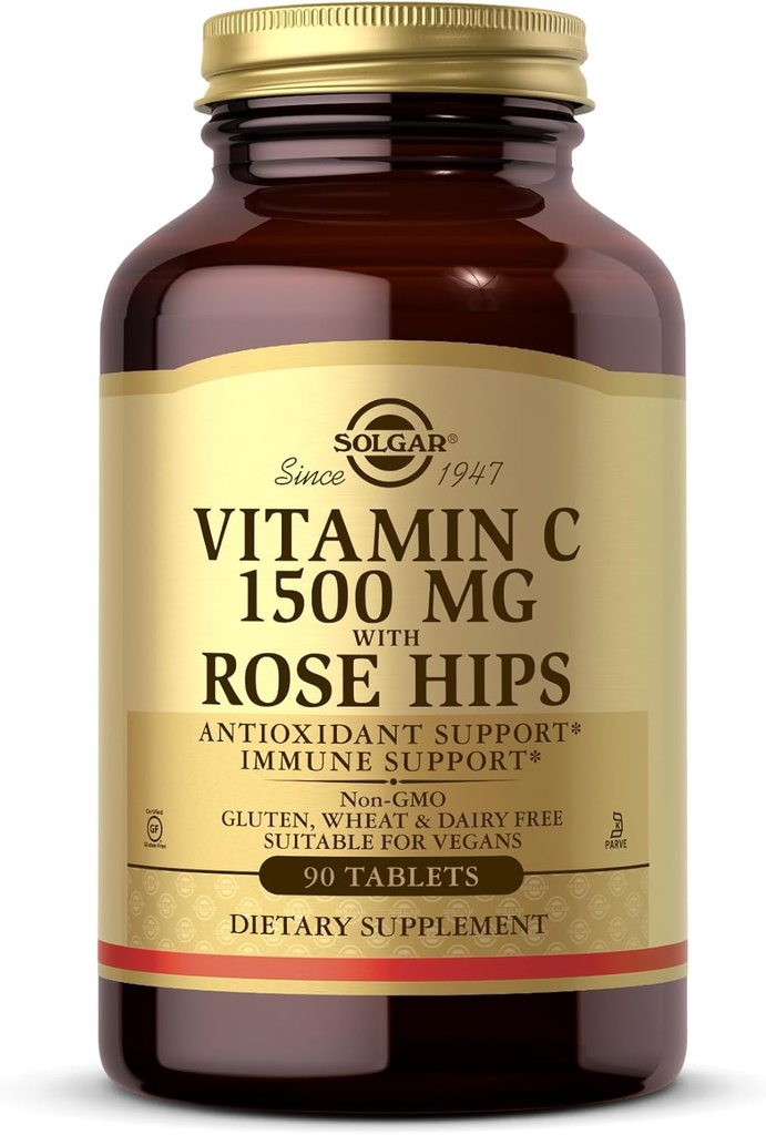 Solgar Vitamin C 1500 mg with Rose HIPS, 90 Tablets - Antioxidant & Immune Support - Overall Health - Supports Healthy Skin & Joints - Non-GMO, Vegan, Gluten Free, Dairy Free, Kosher - 90 Servings