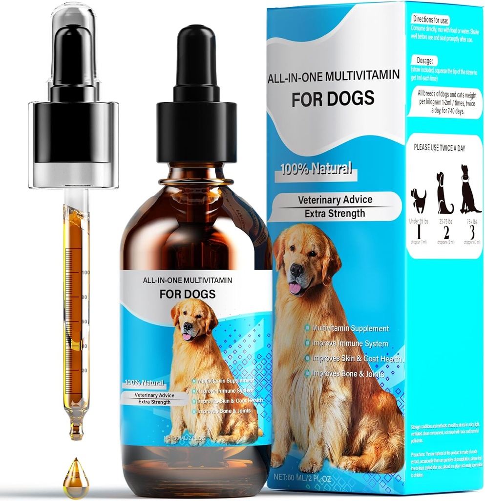 Dog Vitamins Liquid, 13-In-1 Dog Multivitamin Extra Strength to Improve Dog’s Digestive & Immune, Skin & Coat, Bone & Joint Health, 60 Ml Nature Dog Vitamins and Supplements for All Age Breed Size Dog