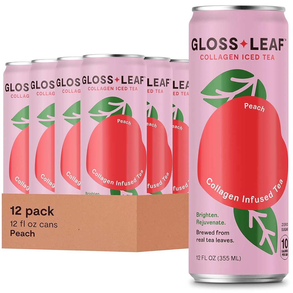 Gloss Leaf Collagen Iced Tea (Zero-Sugar, Peach): Brewed Black Tea with Collagen Peptides Protein & Vitamin C, Beauty & Anti-Aging, 12 Fl Oz, 12 Pack