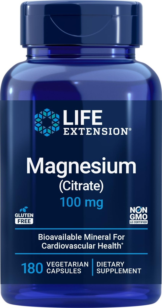 Life Extension Magnesium Citrate 100mg, 180 Veg Caps - Natural Mag Supplement - 100 mg Mineral Support Capsules - Vegetarian, Non-GMO