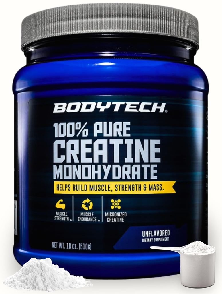 BodyTech Creatine Monohydrate Powder, Unflavored Micronized Creatine Formula for Men and Women, 5g per Serving, Pre Workout & Post Workout Supplement, Gluten Free, Sugar Free, 18 Oz, 102 Servings
