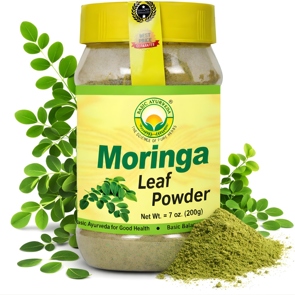BASIC AYURVEDA Moringa Leaf Powder | 7.05 Oz (200g) | Rich in Antioxidants | Vegan, Non-GMO & Dried Green Superfood | Easy to Use in Smoothies, Herbal Teas, Drinks & Cooking