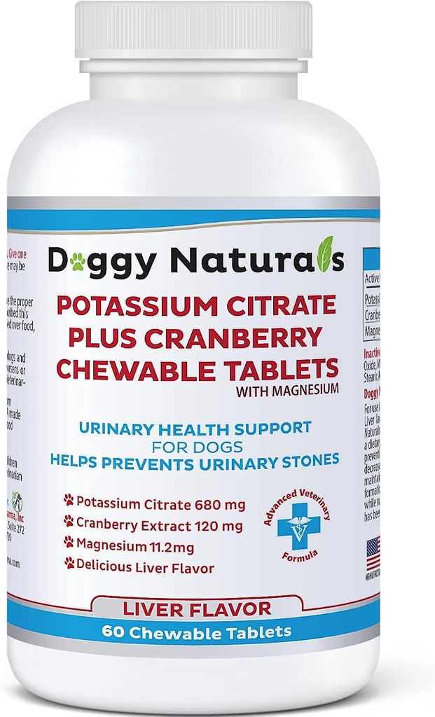 Potassium Citrate Plus Cranberry with Magnesium Supplement for Dogs (60 Tablets) - Urinary Tract Support - Helps Deter Formation of Calcium Oxalate Stones-Deters Bladder & Kidney Stones(Made in U.S.A)