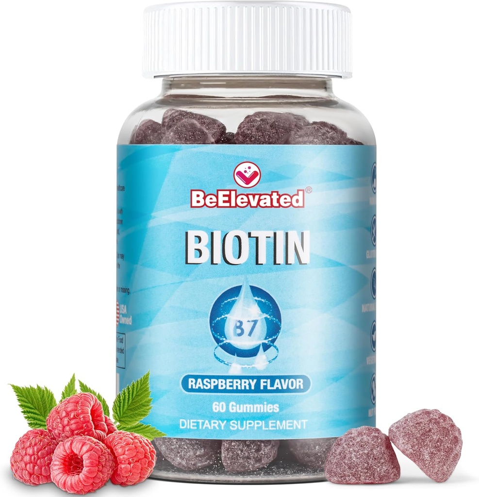 Biotin Gummies - Hair and Nails Strength Growth Vitamins Supplements for Women Health and Beauty - 10000 MCG Skin Chewable Supplement - Raspberry Flavor - (60 Count Bottle)
