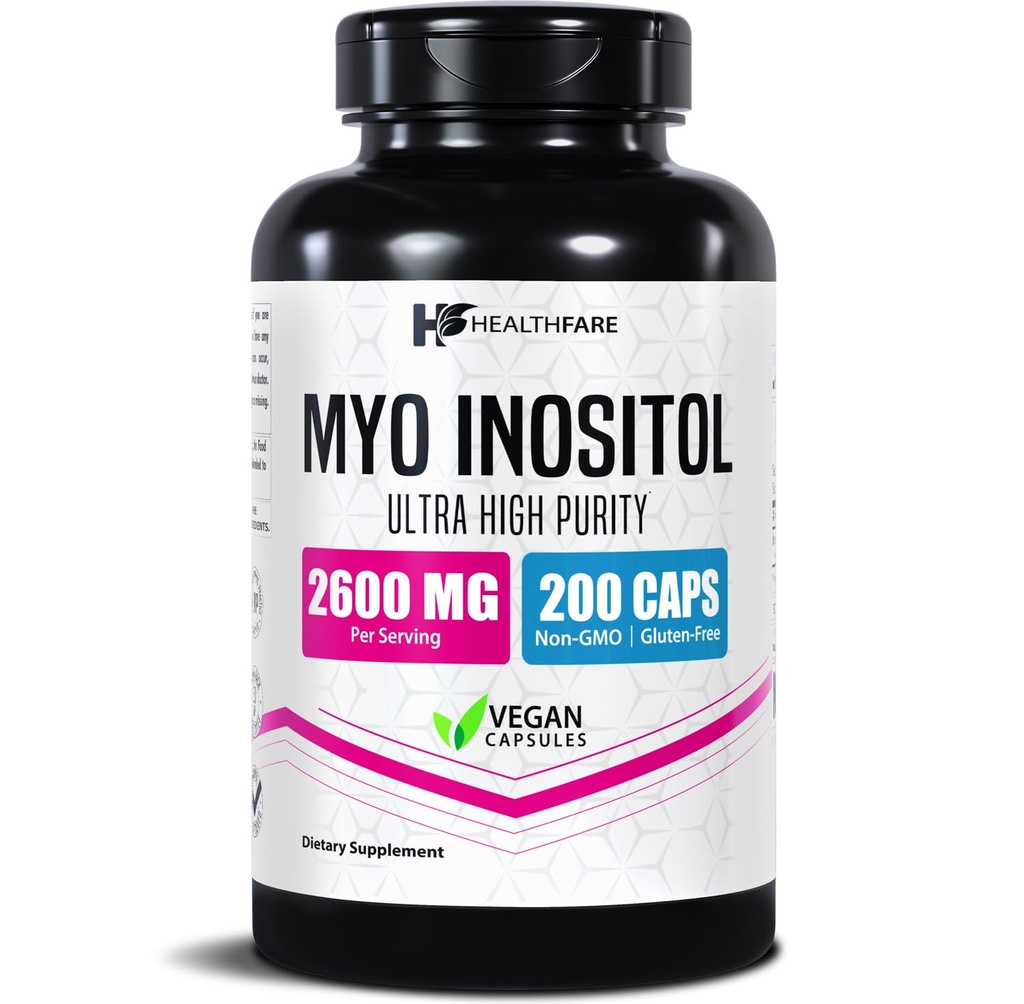 Healthfare Myo Inositol Supplement, 2600mg | 200 Veg Capsules | Ultra Strength | Healthy Ovarian Support for Women | Vitamin B8 for Women