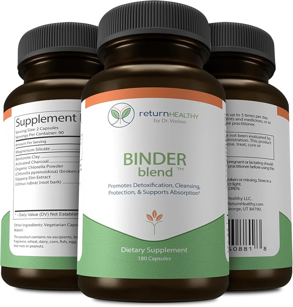 Binder Blend - Toxin Binder Supplement, Detox Capsules for a Healthy Gut - 180 Capsules - 90 Servings - 960mg Activated Charcoal & 480mg Organic Chlorella - Bloating Relief - Bentonite Clay, 3 Pack