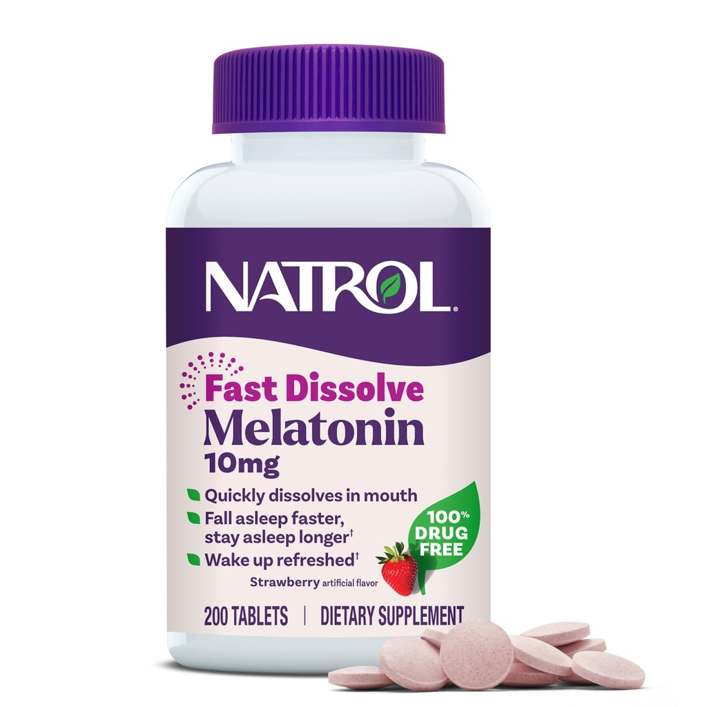 Natrol Melatonin 10mg Fast Dissolve Tablets - Strawberry Flavor, 200 Count, Sleep Support, Fast Dissolve Melatonin for Adults, 200-Day Supply