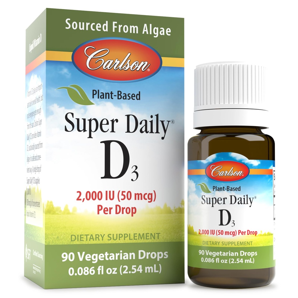 Carlson - Plant-Based Super Daily D3 2000 IU (50 mcg) per Drop, Vegetarian Vitamin D Drops, Liquid Vitamin D3, Sourced from Algae, Unflavored, 90 Drops (2.54 mL)