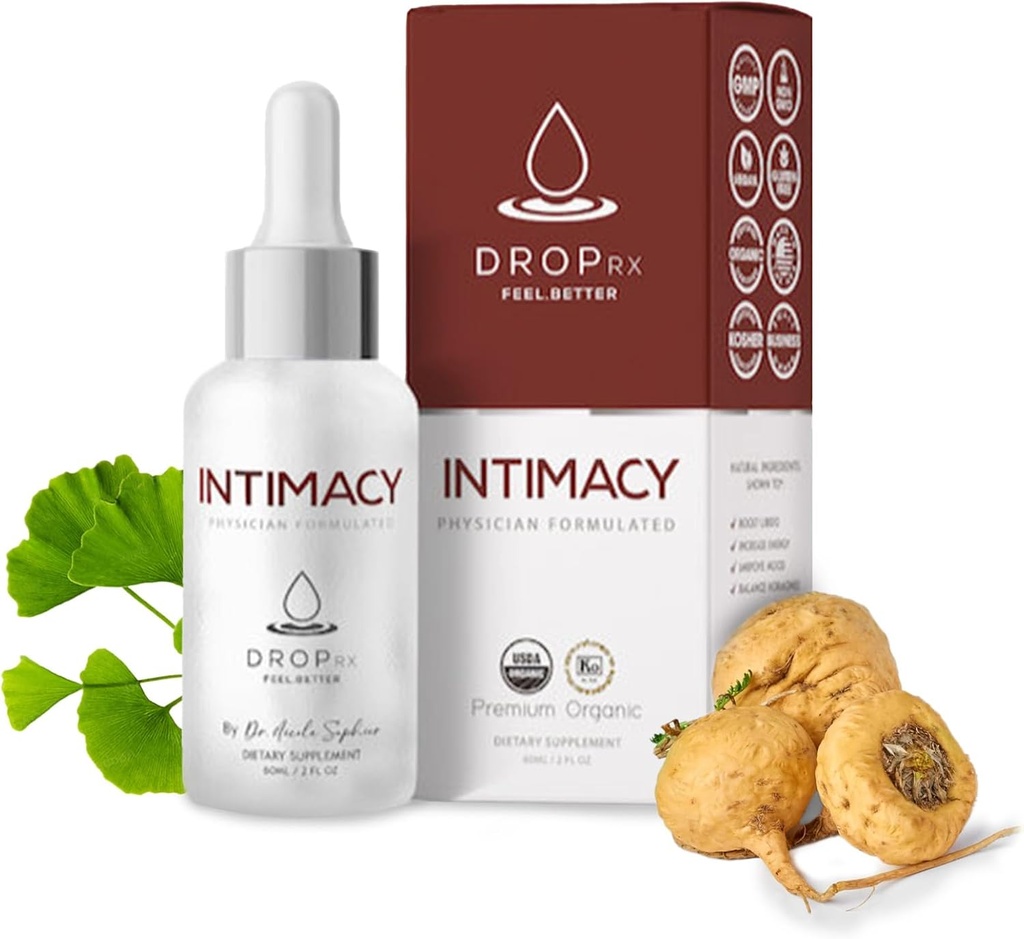 Drop Rx Intimacy by Dr. Nicole Saphier – Organic Maca Root, Ginkgo Biloba & Tribulus Terrestris, Liquid Supplement for Support, Non-GMO, Vegan, Gluten-Free, Kosher, Made in USA (2 Fl Oz)