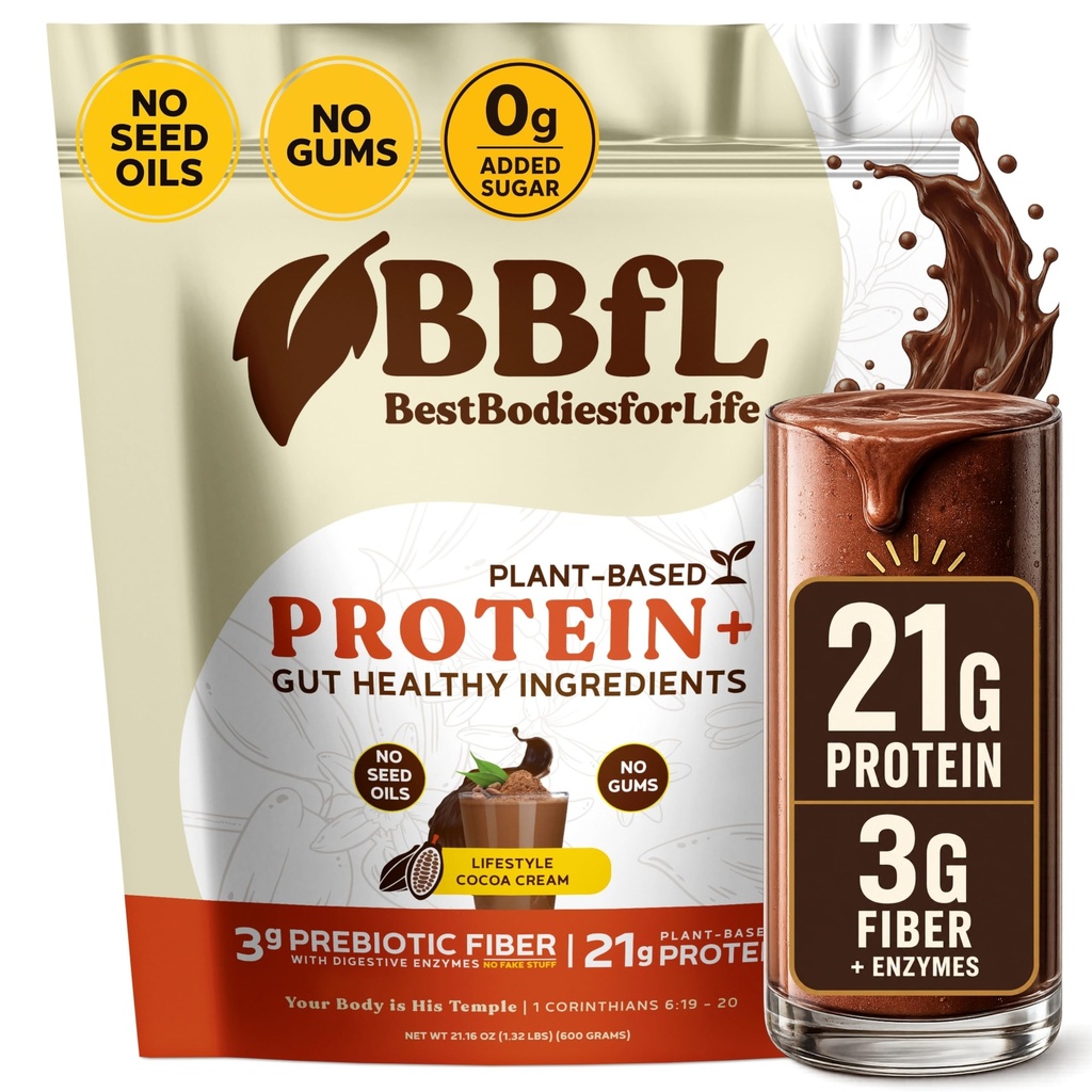 Plant-Based Protein Shake – 21g Vegan Protein, Cocoa + Apple Cider Vinegar, Prebiotics, Digestive Enzymes, Supports Gut Health – All-in-One Shake for Women & Men (15 Servings, Cocoa Cream)