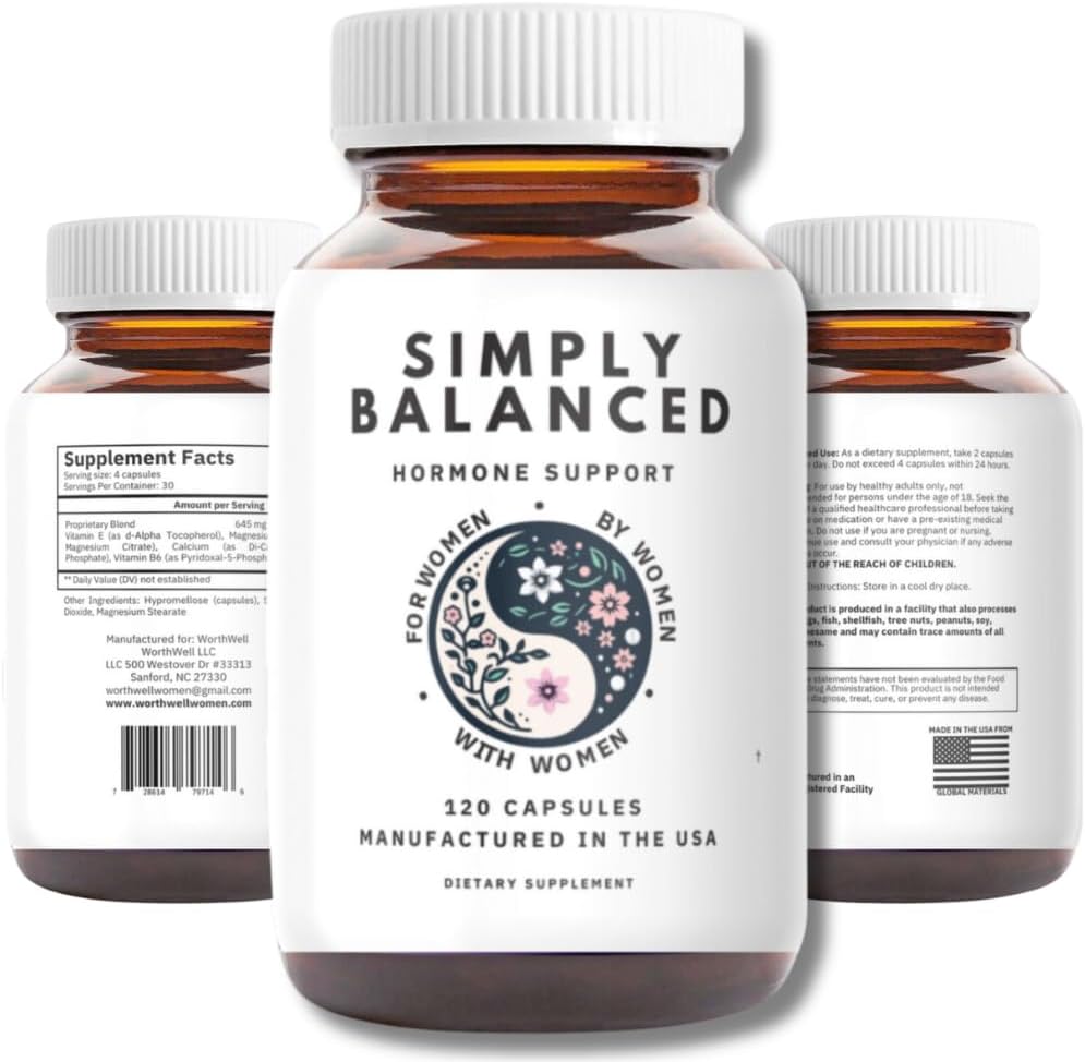 Simply Balanced – Hormone Balance for Women – Restore Hormone Harmony – PMDD Supplements for Women – Perimenopause – Menopause – Cortisol Reducer – PMS – PCOS Supplements – 120 ct