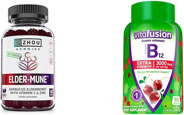 ZHOU Nutrition Elderberry Gummies Immune Support Bundle with Vitafusion Vitamin B12 Gummies Energy Metabolism Support, 60 and 90 Count