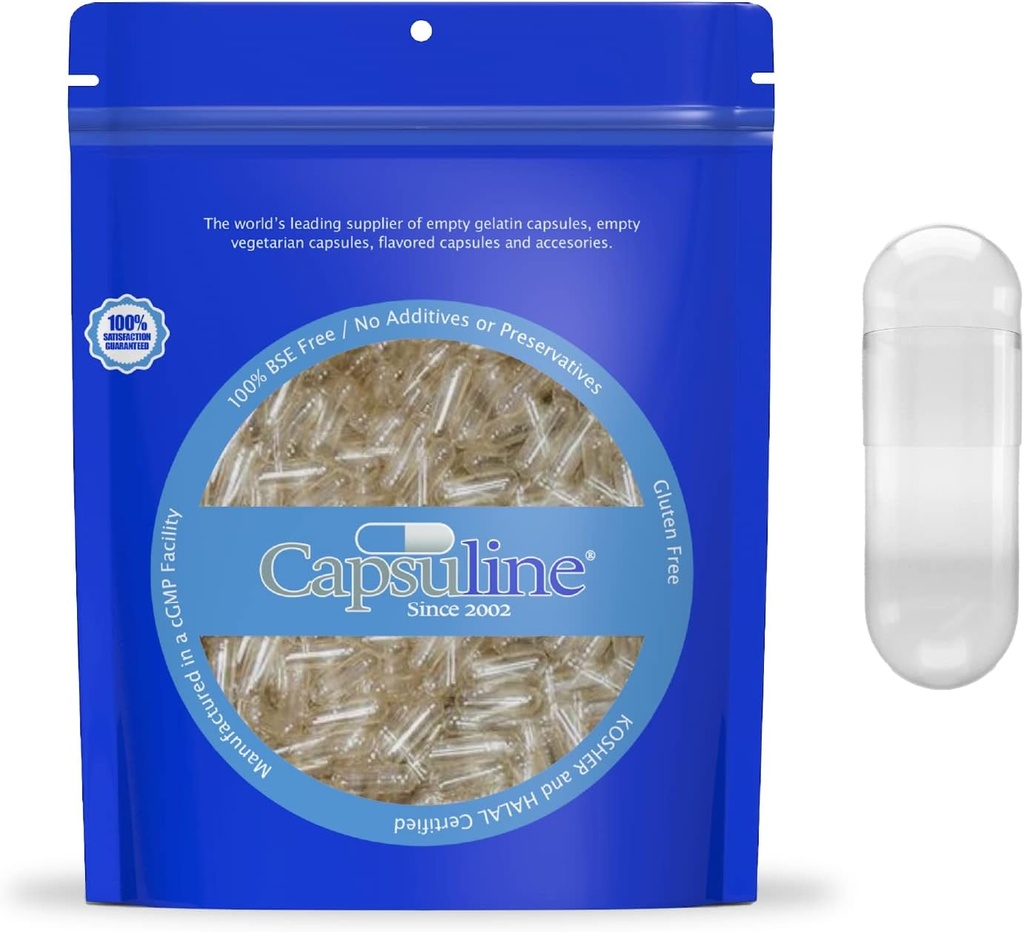 Capsuline Size 000 Gelatin Empty Capsules, 5000 Count, Empty Gel Pill Capsules, DIY Pure Bovine Pill Capsule Filling, Empty Caps, Kosher, Gluten Free and Non-GMO Certified, Clear