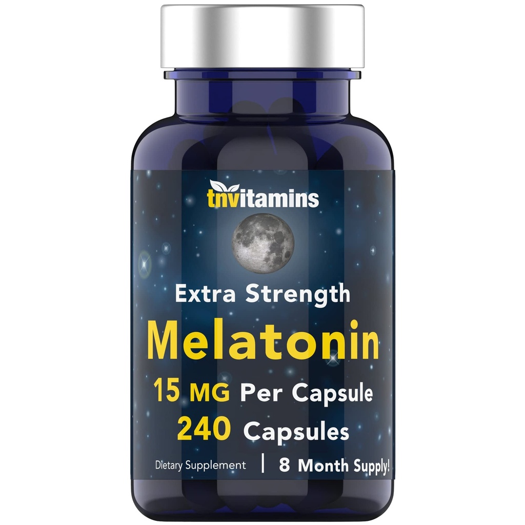 tnvitamins Melatonin 15 MG Per Capsule (240 Capsules) | All-Natural Sleeping Pills for Adults | Extra Strength Melatonin | Nighttime Sleep Aid | Natural Sleep Support Supplement