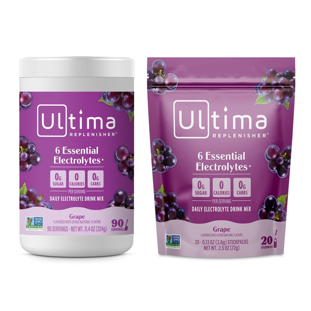 Ultima Replenisher Electrolyte Powder Drink Mix Bundle – Sugar Free – Grape, 90 Serving Canister and 20 Stickpacks – 6 Electrolytes and Minerals – Keto Friendly, Vegan, Non-GMO