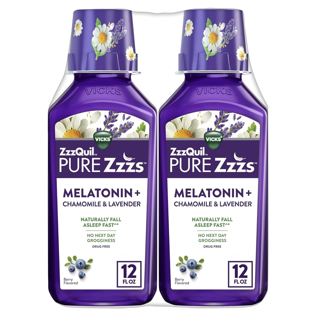 ZzzQuil Pure Zzzs Melatonin Liquid, Sleep Aid, Liquid Melatonin 2mg, with Chamomile & Lavender, Fall Asleep Fast, Melatonin Sleep Aids for Adults, Berry Flavored, 2 Pack, 24 FL OZ