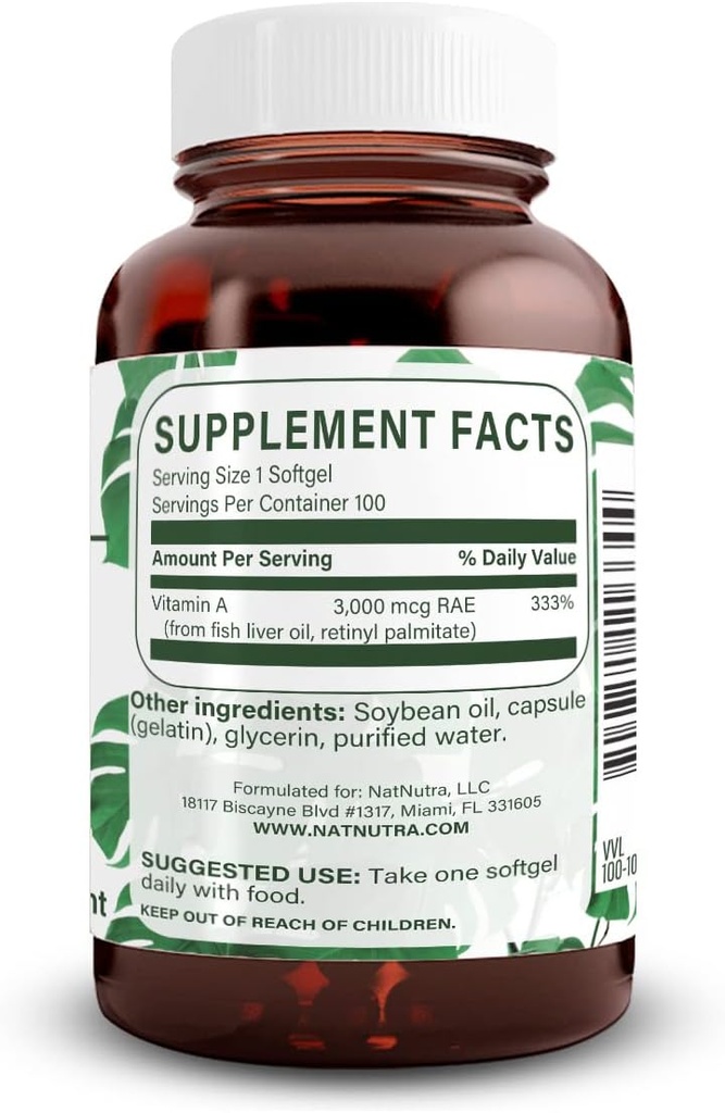 Natural Nutra Vitamin A 10,000 IU Softgels – High Potency Eye and Skin Vitamins – Gluten-Free - Supplement for Sight & Skin Health – Fish Liver Oil for Men and Women, Gluten Free 100 Softgels (3 Pack)