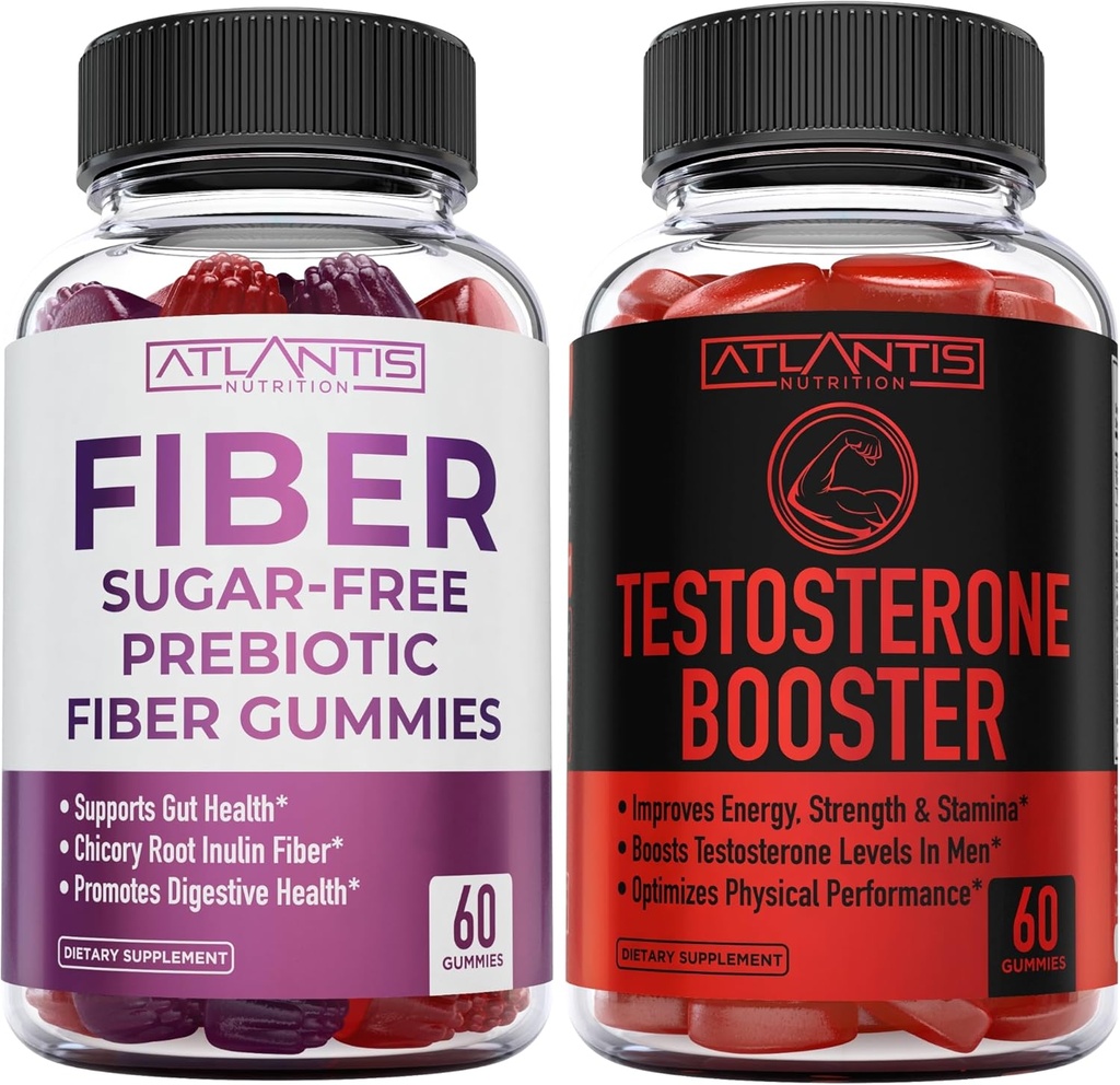 Atlantis Nutrition Sugar Free Prebiotic Fiber Gummies for Adults 60 Gummies + Testosterone Booster 2-Pack (120 Gummies)