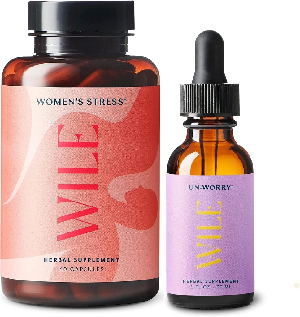 Wile Women's Stress Relief Supplement & Un-Worry Drops, 2-Pack, Mood Support for Women, (1) Bottle Herbal Supplements 60 Capsules & (1) Stress Relief Tincture, 1fl oz