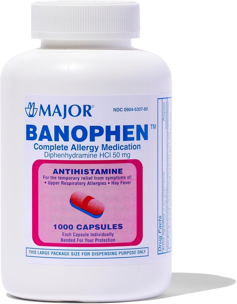 MAJOR Banophen Diphenhydramine HCI 50 mg Capsules - Temporarily Relief from The Symptoms of Hay Fever and Upper Respiratory Allergies - Antihistamine - Allergy Medicine - 1000 Capsules (1-Pack)