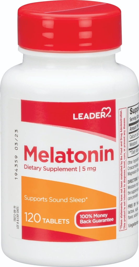 Leader Melatonin 5MG Tablets 120 Ct. Natural Sleep Aid for Restful Nights
